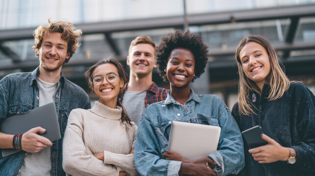 diverse group of five happy university, college students smiling at camera, posing outdoors in front of modern campus building, holding laptops and phones, symbolizing successful youth and education