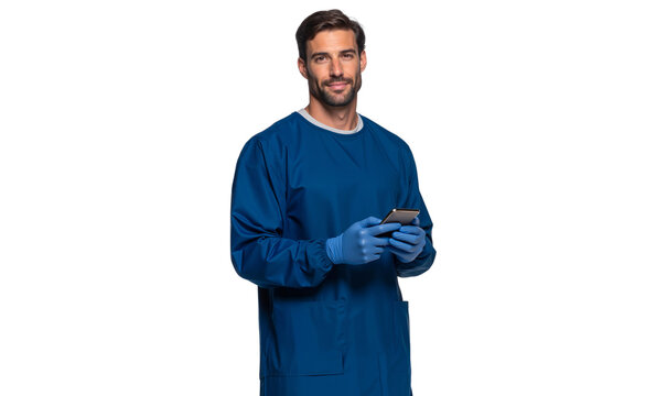 Smiling male surgeon or doctor in blue scrubs and gloves, holding a smartphone