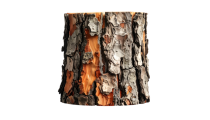 Detailed close-up of tree trunk, rough bark with orange and grey hues