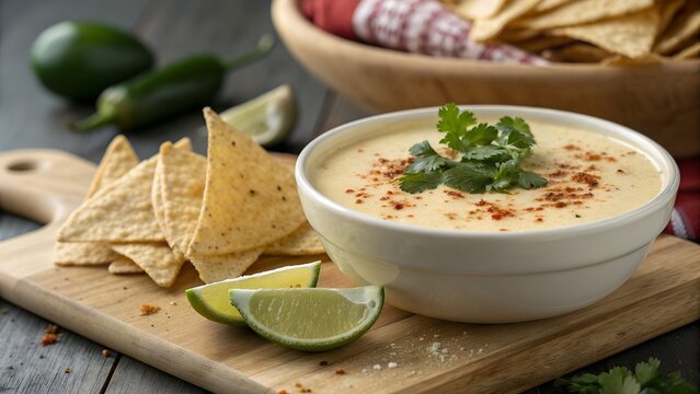 Creamy Queso Dip with Tortilla Chips and Lime cheese dip
