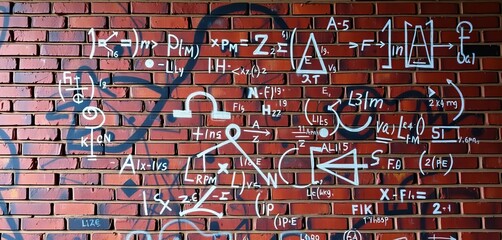 Naklejka premium Intricate mathematical equations spray-painted on a brick wall, algebra, formula