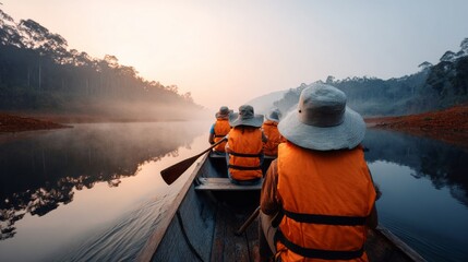 Group of people enjoying a serene rowing experience on a misty lake in the early morning light