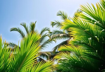 Fototapeta premium Lush tropical palm trees, vibrant green leaves against a clear sky, summer background, green