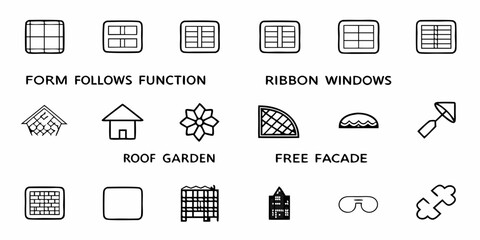 Fototapeta premium Diverse architectural elements and design concepts showcased as simple, modern icons for creative projects and presentations, emphasizing innovation and form