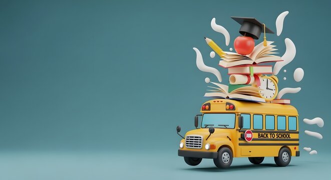 Whimsical school bus stacked high with books and graduation cap symbolizing education