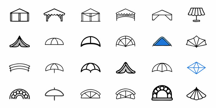 Diverse collection of canopy, tent, and umbrella icons offering shelter and shade solutions for outdoor events, camping, and protection, perfect for commercial design projects.