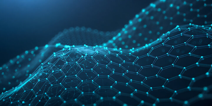 Abstract 3d rendering of a glowing hexagonal molecular lattice structure with interconnected nodes and vibrant blue light