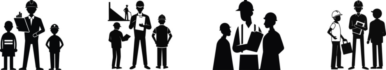 Silhouette of engineer observing workers with notes construction site teamwork professional guidance project management vector
