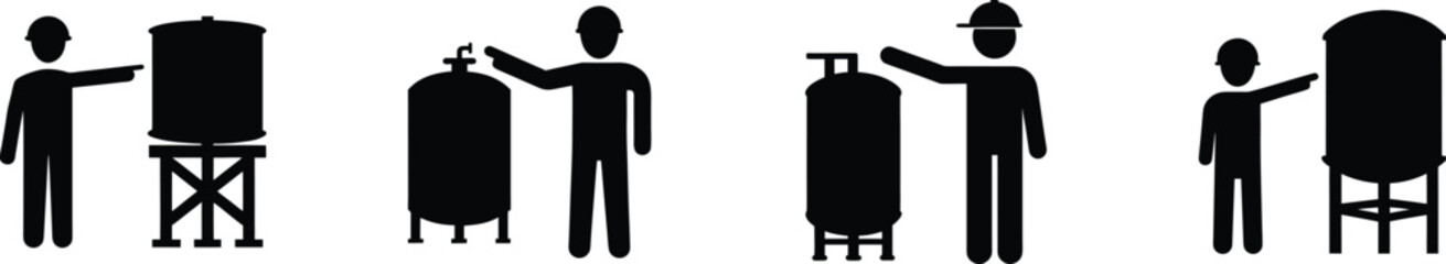 Engineer silhouette inspecting industrial water tanks with pointer symbol vector