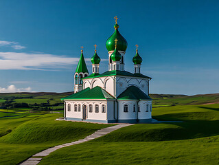 Naklejka premium Beautiful ancient orthodox church illuminated at dusk with snowcovered ground and starry sky 
