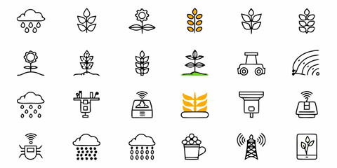 Discover cutting-edge agricultural technology icons showcasing smart farming innovation, weather insights, and crop management for a sustainable future in modern agriculture