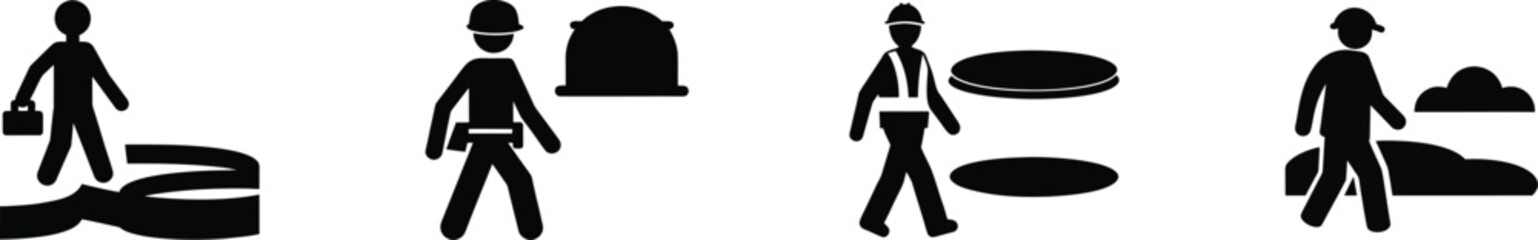 Silhouette engineer walking near sewage pipes inspecting infrastructure and water systems vector