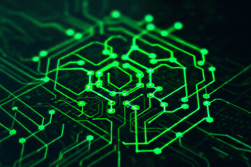 Intricate glowing green circuit board patterns resembling a neural network or a complex digital brain symbolizing artificial intelligence and advanced technology