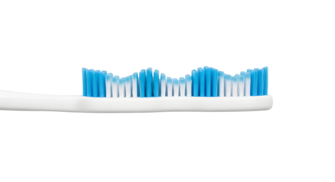 Close up detail of new toothbrush head with blue and white bristles for oral hygiene concept isolated PNG with Transparent Background