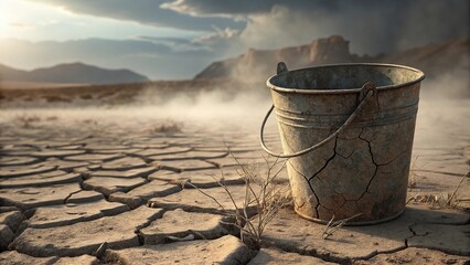Naklejka premium Old rusted bucket with visible cracks placed in dry soil representing decay abandonment vintage farm equipment and rustic outdoor still life