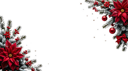 Festive Christmas Corner Border of Snowy Flocked Pine Branches with a Large Red Poinsettia, Ornaments, and Berries on a White Background for Holiday Sale Banners and Greeting Card Design, PNG