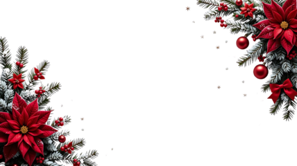 Festive Christmas Corner Border of Snowy Flocked Pine Branches with a Large Red Poinsettia, Ornaments, and Berries on a White Background for Holiday Sale Banners and Greeting Card Design, PNG