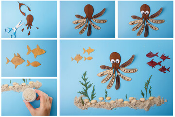autumn leaves art for kids diy project step by step making octopus and fish from leaves pods seeds on blue background creative marine life craft tutorial useful for kids education and eco brands,