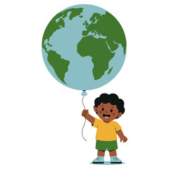 A young child holding a balloon shaped like the earth