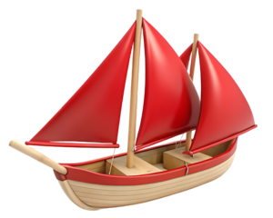 Wooden Toy Sailboat with Red Sails a Classic Nautical Model and Decorative Piece on Isolated Black Background