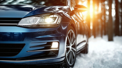Stunning blue car navigates snowy forest path with warm sun flares embodying winter adventure and automotive freedom