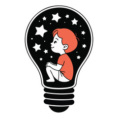 A child sitting inside a lightbulb, surrounded by stars, represents imagination and creativity