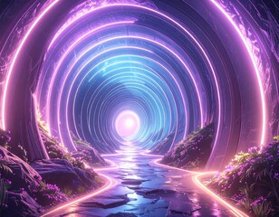 Vibrant tunnel with neon lights and stone