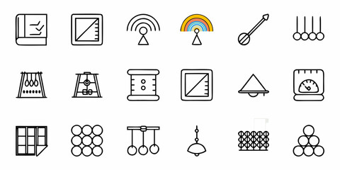 Collection of science and education icons representing physics concepts like pendulums, measurement tools, waves, and scientific instruments for learning materials