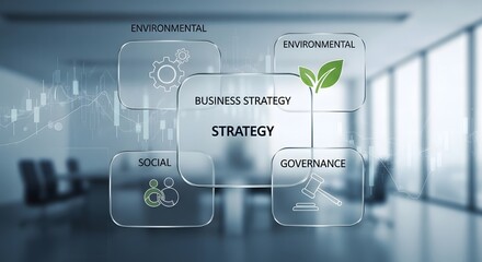 Business strategy concept with esg elements like governance, social, and environmental factors in a modern office