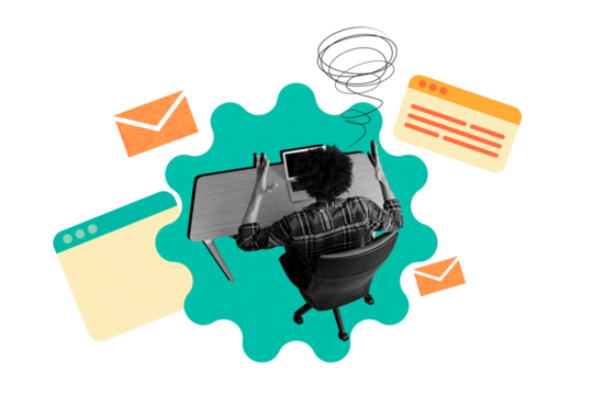 Composite photo collage of anonym man freelancer sit laptop receive message pressure workload app icon tab isolated on painted background