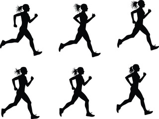 Silhouette of woman running, female jogger fitness exercise, workout training, marathon runner silhouette, healthy lifestyle, athlete motion, sport activity illustration