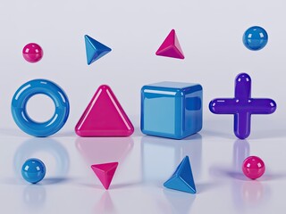Vibrant Blue  Magenta 3D Geometric Shapes with Reflections on Glossy White Surface.