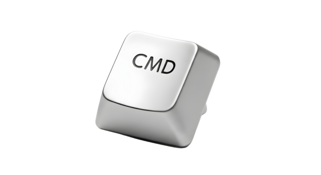 Silver metallic computer CMD key component for technology, software development, and shortcut concepts. isolated PNG with Transparent Background