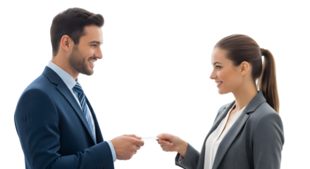 Smiling business professionals conduct a seamless business card exchange, establishing new connections and fostering professional relationships during a dynamic networking encounter