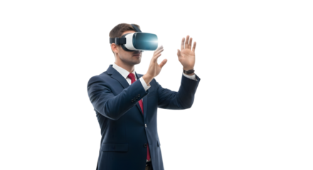 Professional businessman experiencing an immersive virtual reality simulation, exploring future technology and innovative digital environments for advanced business applications