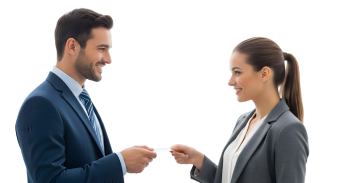 Smiling business professionals conduct a seamless business card exchange, establishing new connections and fostering professional relationships during a dynamic networking encounter
