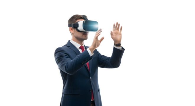 Professional businessman experiencing an immersive virtual reality simulation, exploring future technology and innovative digital environments for advanced business applications