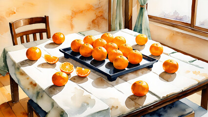Watercolor Painting of Oranges on a Dining Table