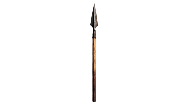 Ancient weapon, long spear with metal tip and wooden shaft