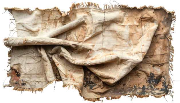 Wrinkled and distressed fabric, aged appearance with staining
