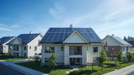 Fototapeta premium Solar panels on residential rooftops in modern neighborhood, renewable energy, eco lifestyle