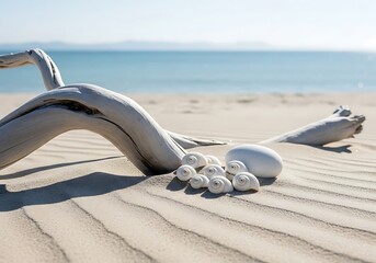 Serene Beach Escape: White Shells and Driftwood for Coastal Decor and Summer Vacation Dreams