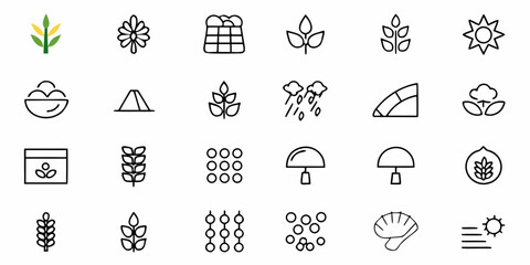 Captivating collection of agricultural icons showcasing growth, weather, and natural elements, perfect for farming, science, and environmental projects