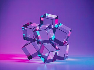 Vibrant Neon-Lit Clear Cubes Stacked, Reflecting Pink and Blue Hues on a Gradient Purple Background.