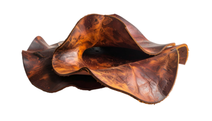 Abstract brown leather sculpture. Textured and curved organic form