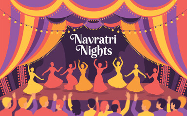 Colorful Stage Performance with Dancing Figures and Audience