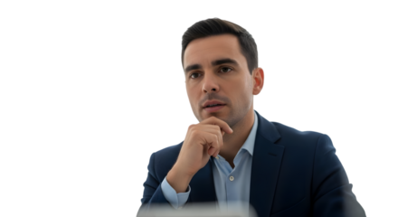 Focused professional man deeply contemplating strategic business decisions with a serious and engaged expression, showcasing thoughtful leadership and executive presence in a clean, modern setting
