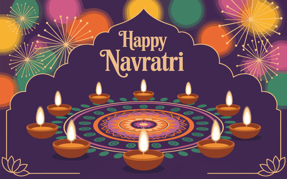 Happy Navratri festival greeting with diyas and colorful background