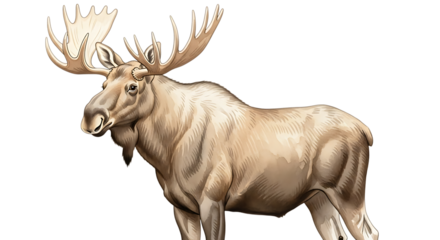 Illustration of a majestic white moose with large antlers standing proudly isolated on transparent background