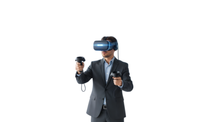 Businessman experiencing immersive virtual reality, leveraging advanced technology for future business applications and interactive digital experiences